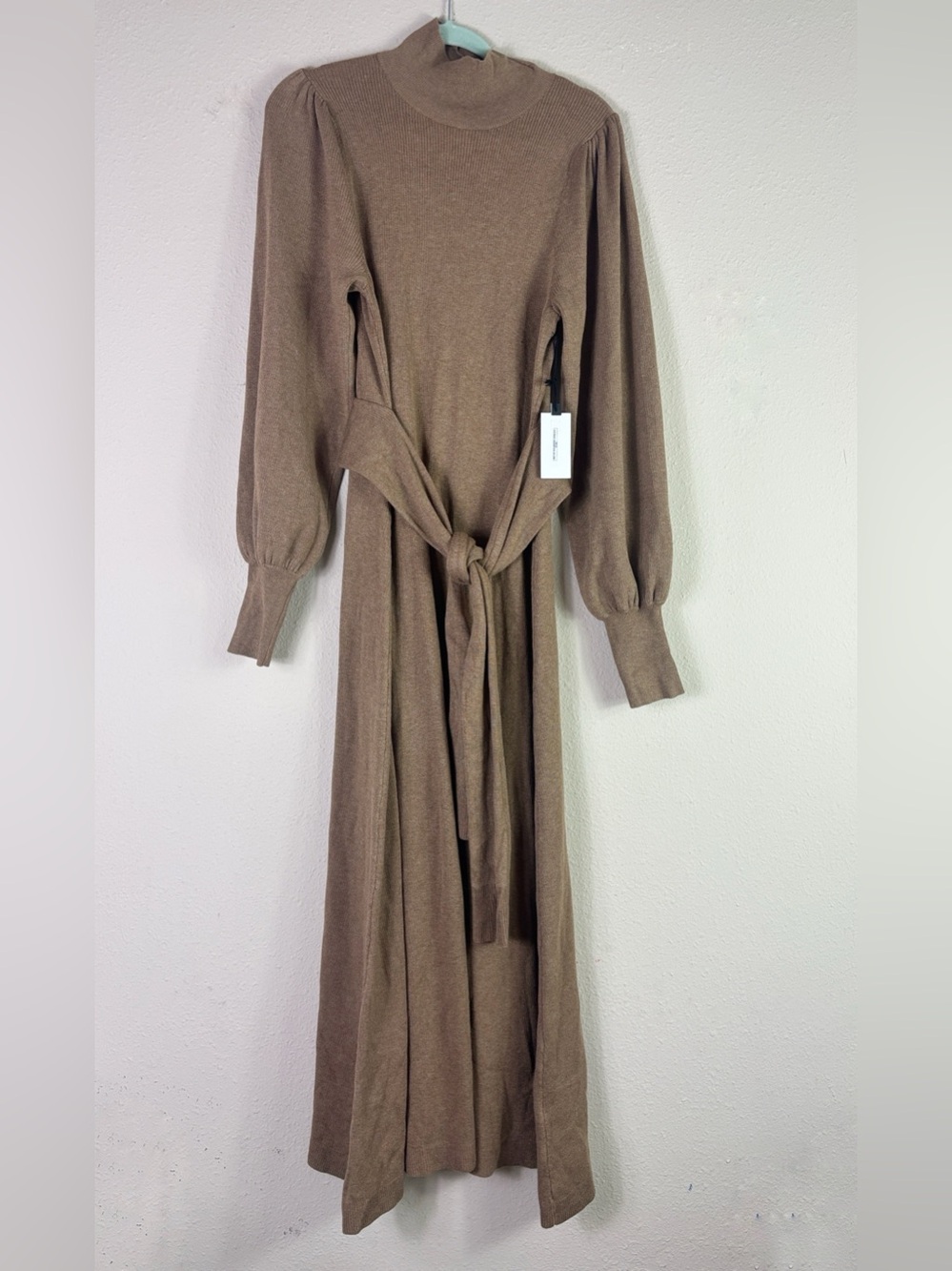 NWT ASTR Julianne Dress Mock Neck Knit Self Tie Waist Sash in Tan Sz. Large